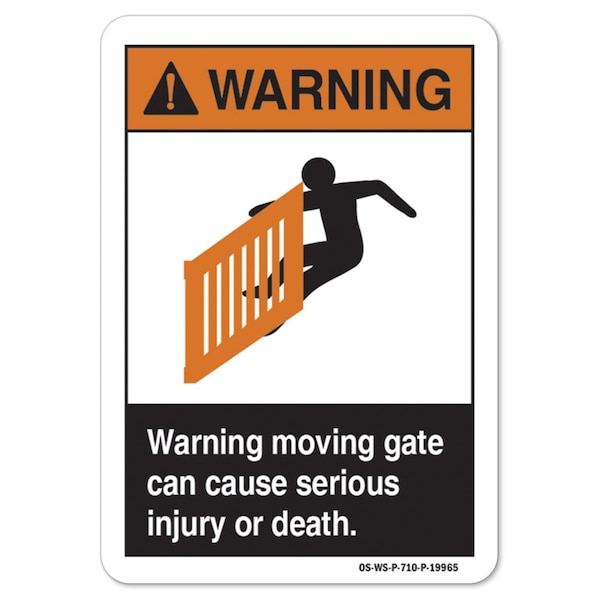 ANSI Warning Sign, Warning Moving Gate, 24in X 18in Decal, 18" W, 24" L, Landscape
